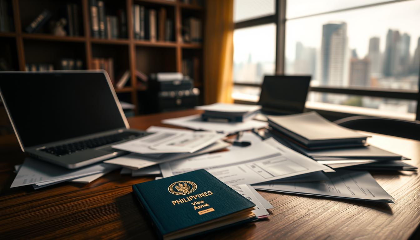 A dimly lit office setting with a laptop, folders, and various documents scattered across a wooden desk. In the foreground, a Philippine passport and a work visa application form stand out against the clutter. Soft, warm lighting casts subtle shadows, creating a contemplative atmosphere. The background features a blurred bookshelf and a window with a view of a bustling city skyline, hinting at the broader context of working in the Philippines. The overall composition conveys the essential requirements and process of obtaining a work visa, reflecting the section title "Pagkuha ng Work Visa at Permit sa Pagtatrabaho".