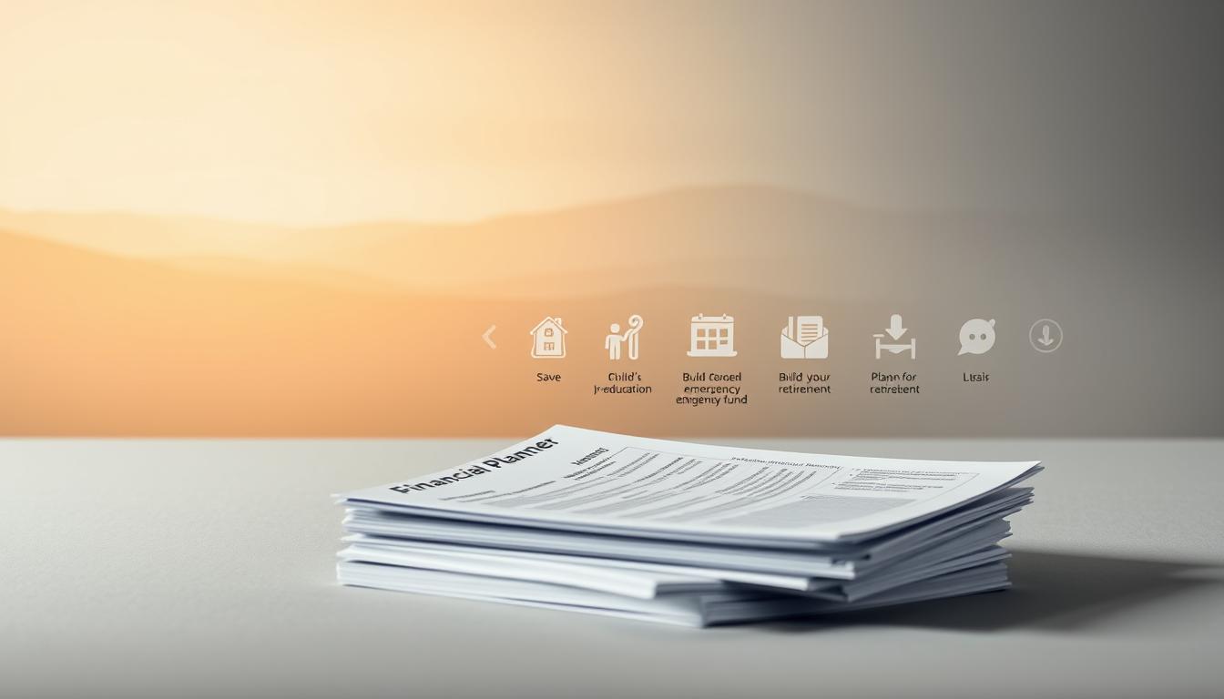 A serene and minimalist scene depicting the financial goals of a high-cost family. In the foreground, a stack of neatly arranged financial documents, including a budget planner and retirement planning forms, set against a muted grey background. The midground features a stylized set of icons representing key financial objectives, such as saving for a child's education, building an emergency fund, and planning for retirement. In the background, a warm, soft-focus landscape with rolling hills and a calming sky, suggesting a sense of financial security and long-term planning. The lighting is subdued, creating a pensive and contemplative atmosphere, encouraging the viewer to reflect on the importance of carefully defining and prioritizing one's financial goals.