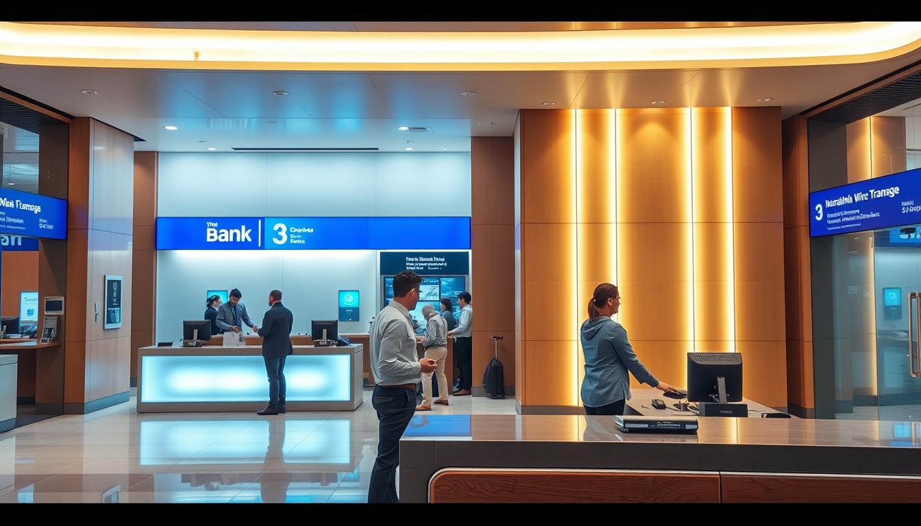 A modern and professional-looking banking interior, with warm lighting and sleek design elements. In the foreground, a bank teller's desk is situated, with a customer standing across, engaged in a transaction. The middle ground features bank personnel assisting customers, while the background showcases a high-tech currency exchange booth and international wire transfer systems. The overall atmosphere conveys efficiency, security, and a commitment to providing exceptional customer service for international money transfers.