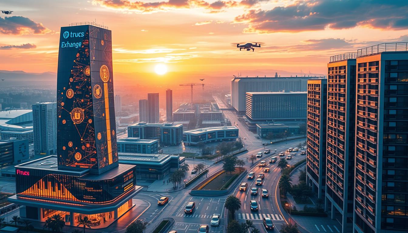 A vibrant, futuristic cityscape depicting the progress of fintech and digitization in Bulgaria. In the foreground, a towering cryptocurrency exchange, its sleek glass facade glittering under the warm glow of holographic displays. In the middle ground, autonomous vehicles navigate the bustling streets, while drone deliveries dart between high-rise offices housing fintech startups. The background is dominated by a sprawling data center, its server racks and cooling towers a testament to the immense computational power driving the nation's digital transformation. The scene is illuminated by a sunset hue, casting a vibrant, forward-looking atmosphere over the entire landscape. The image conveys a sense of innovation, dynamism, and Bulgaria's embrace of the fintech revolution.