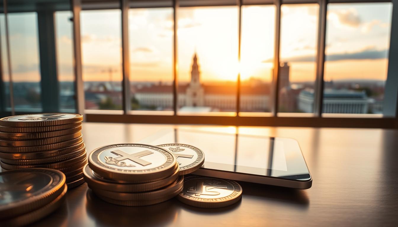 A close-up view of Latvian government bonds, showcased against a backdrop of a modern, minimalist financial office. The bonds are neatly arranged, their metallic surfaces gleaming under the warm, directional lighting, creating a sense of stability and reliability. The mid-ground features a sleek, brushed-metal desk with a tablet displaying financial data, while the background is dominated by a large window overlooking the Riga cityscape, bathed in the golden glow of the setting sun. The overall mood is one of professionalism, trust, and the promise of secure investment opportunities in Latvia.