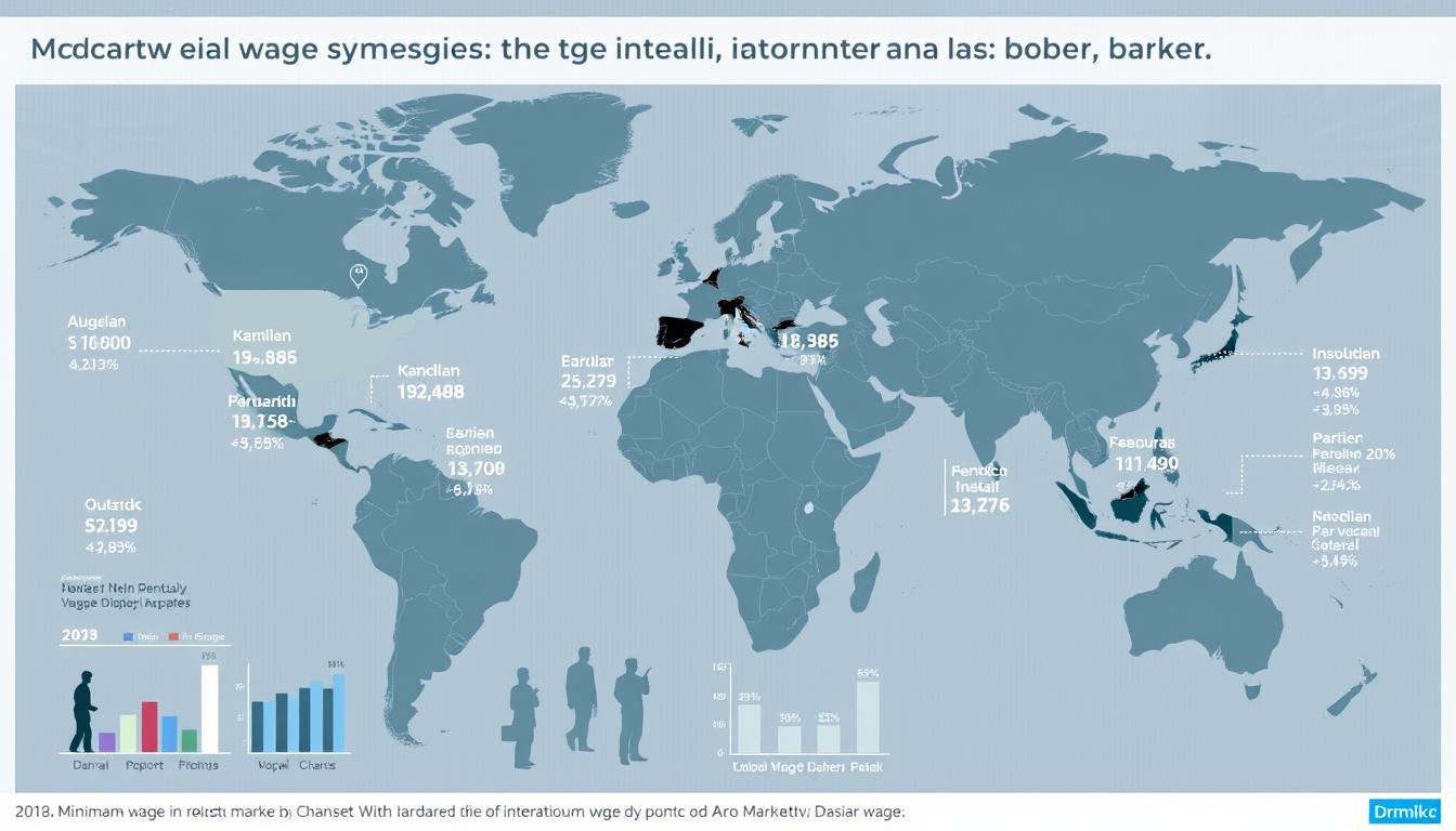 A global map showing international wage comparisons, with various countries highlighted and their minimum wage rates prominently displayed. The map is rendered in a modern, infographic style with clean lines and a muted color palette. In the foreground, detailed charts and graphs compare wage data across regions, using intuitive visualizations to illustrate trends and disparities. The middle ground features silhouettes of workers from different industries, emphasizing the human element behind the statistics. The background has a subtle texture evoking a professional business environment, with hints of corporate architecture visible. The overall mood is informative and data-driven, conveying the significance of international wage dynamics on the Danish labor market.