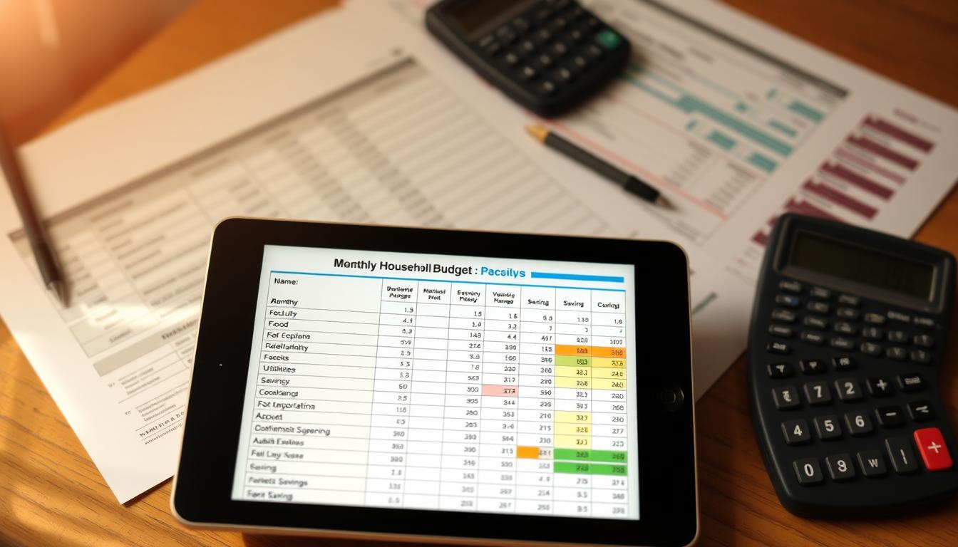 A practical monthly household budget in the Philippines, displayed on a digital tablet against a blurred backdrop of financial documents and a calculator. The tablet shows a clean, well-organized spreadsheet with colorful charts and graphs, highlighting key expense categories like food, utilities, transportation, and savings. The overall mood is one of organization, control, and financial responsibility, with a warm, natural lighting that creates a sense of productivity and focus.