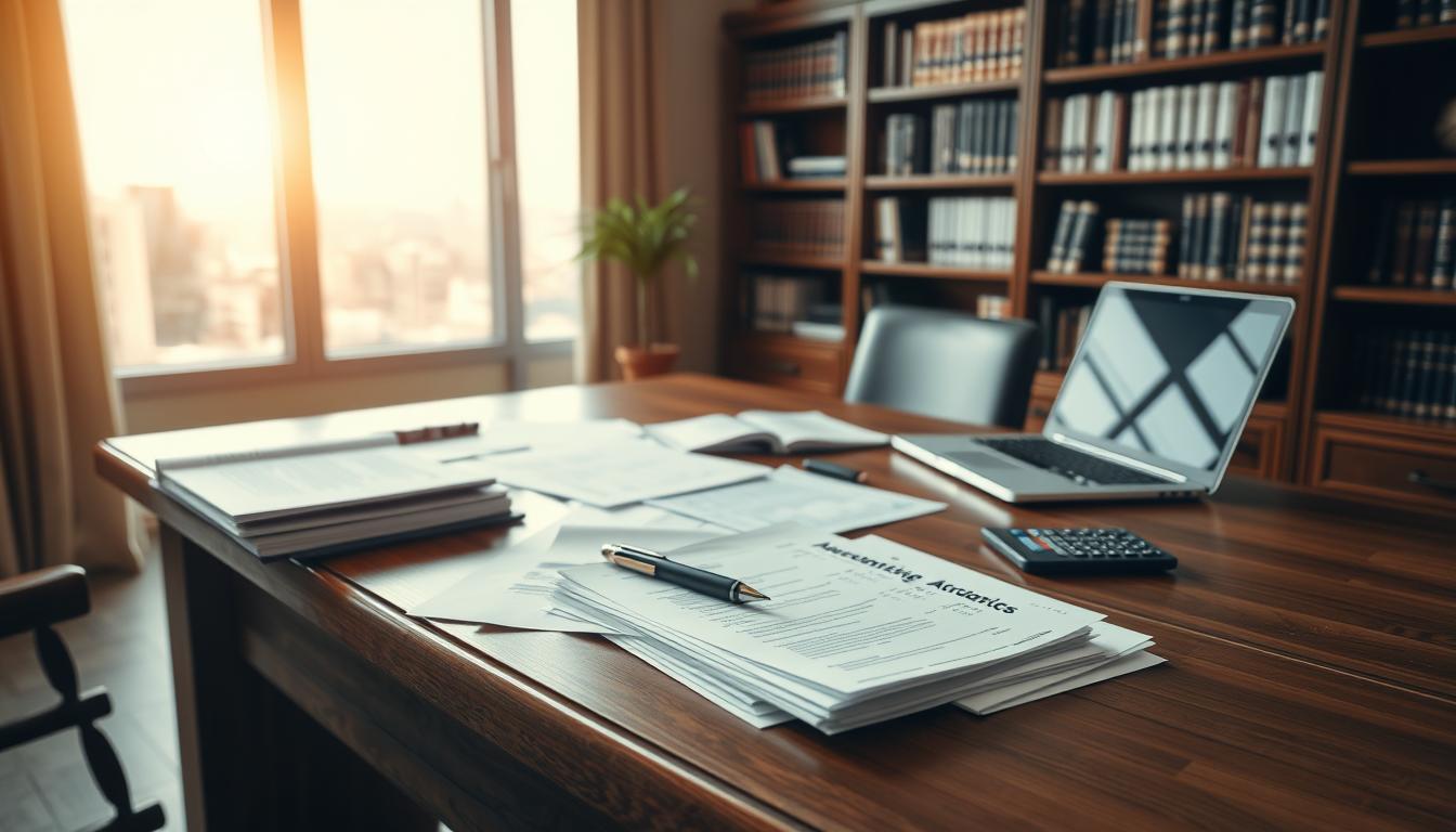 A study room with a large wooden desk, neatly organized with financial documents, ledgers, and a laptop. In the background, a bookshelf filled with accounting books and a window overlooking a cityscape. The lighting is warm and soft, creating a professional yet contemplative atmosphere. On the desk, a pen and a calculator sit next to a stack of bills and invoices, conveying the process of debt management and financial planning. The overall scene exudes a sense of control, diligence, and thoughtful decision-making.