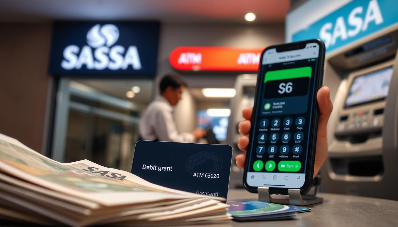 A detailed, professionally-lit photograph of various SASSA grant payment methods. In the foreground, a stack of cash bills, a debit card, and a mobile phone displaying a digital payment app. In the middle ground, a person making a transaction at an ATM. In the background, a bank branch building with the SASSA logo prominently displayed. The lighting is soft and even, emphasizing the textures and details of the payment instruments. The overall mood is one of reliability, accessibility, and modernity, reflecting the diverse options available for SASSA grant recipients to access their funds.