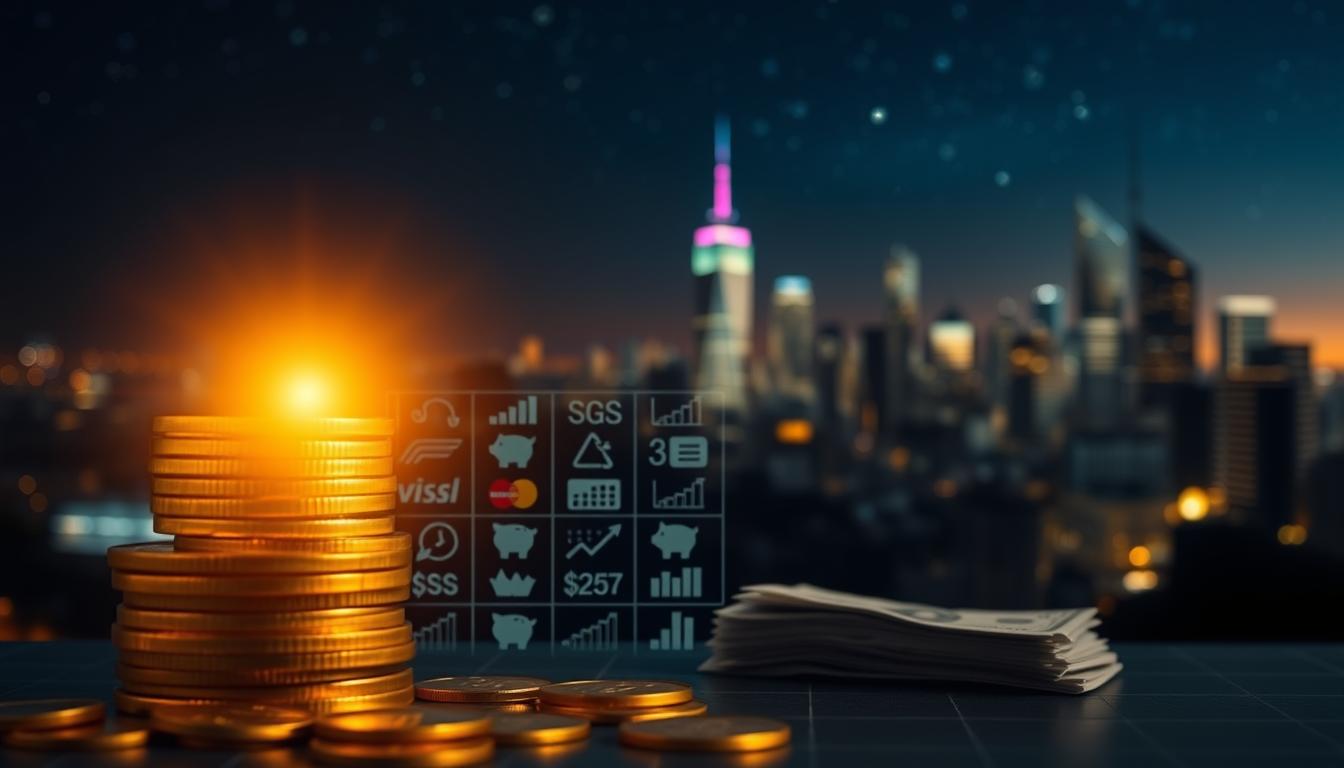 A financial goal pyramid, with layers of savings, debt reduction, and investment strategies. In the foreground, a stack of gold coins and bills, casting a warm glow. In the middle ground, a grid of personal finance icons - piggy banks, credit cards, graphs, and charts. In the background, a cityscape with skyscrapers and a starry night sky, suggesting the long-term journey towards financial stability and prosperity. Lit by a soft, directional light, creating depth and a sense of depth. The overall mood is one of careful planning, discipline, and a clear vision for the future.