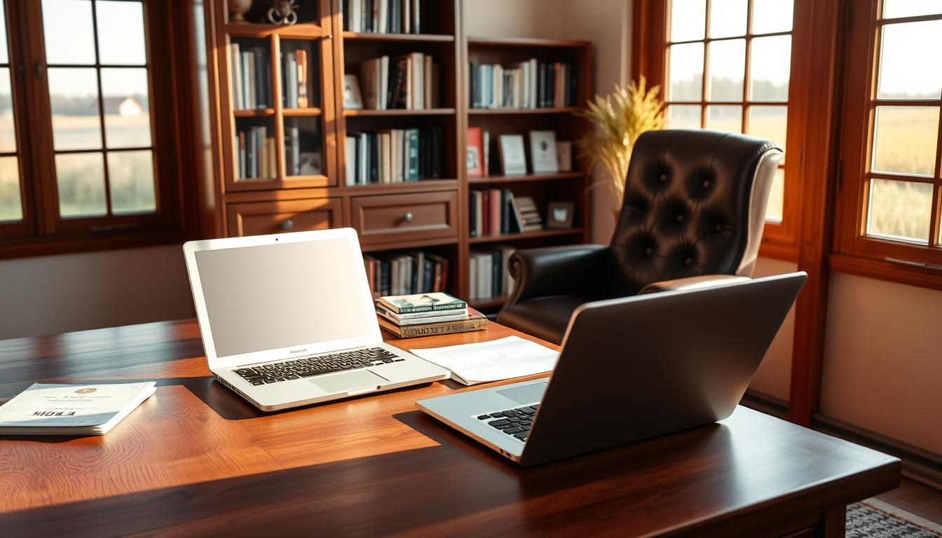 A cozy study with a neatly organized workspace, featuring a tidy wooden desk, a sturdy bookshelf, and a comfortable leather chair bathed in warm, natural lighting. The room has a sense of tranquility and focus, creating an environment conducive to productive and mindful financial planning. In the foreground, a sleek, modern laptop and a few well-organized files sit on the desk, hinting at the process of budgeting and debt management. The middle ground showcases a selection of financial planning guides and self-help books, symbolizing the importance of education and proactive financial management. The background features a large window overlooking a peaceful, pastoral scene, evoking a sense of balance and harmony.