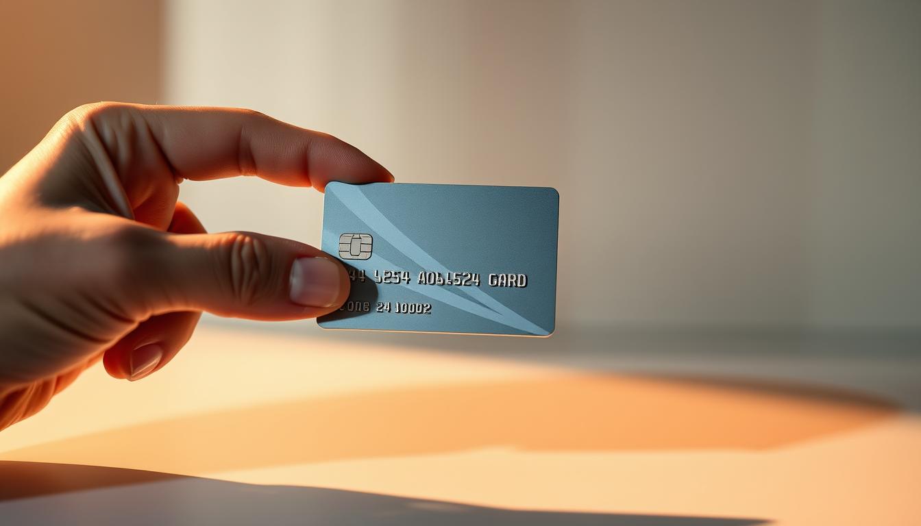 A sleek, modern credit card held in a well-manicured hand, casting a subtle shadow on a clean, minimalist surface. The card's surface gleams with a metallic sheen, exuding a sense of security and reliability. In the background, a soft, blurred pattern suggests a high-end fabric or material, hinting at the premium quality of the product. Warm, directional lighting creates depth and emphasizes the card's elegant design, while a cool, muted color palette conveys a sense of professionalism and trust. The overall composition is balanced and sophisticated, perfectly capturing the essence of "kortsikkerhed" - the security and protection provided by a premium credit card.