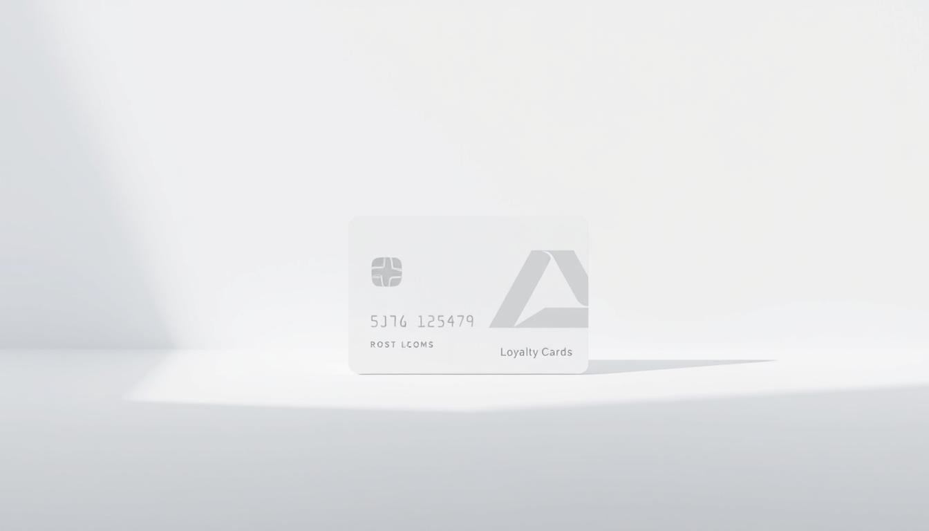 A minimalist rendering of a loyalty program card, sitting on a plain white background. The card has a sleek, modern design with a simple logo and geometric patterns. Soft, directional lighting from the left creates subtle shadows, adding depth and dimension. The overall mood is clean, elegant, and focused, drawing the viewer's attention to the essence of the loyalty program concept.