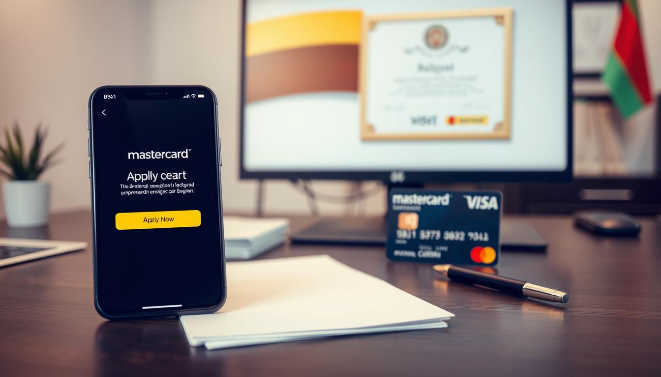 A neatly arranged desktop scene showcasing the Mastercard Standard application process in Bulgaria. In the foreground, a mobile phone displays the Mastercard homepage, with a prominent "Apply Now" button. Next to it, a stack of documents and a pen, symbolizing the application materials. In the middle ground, a crisp, official-looking Mastercard card rests on the desk, its holographic security features and global acceptance iconography clearly visible. The background features a clean, professional office setting with a computer monitor, a Bulgarian flag, and a framed certificate or award, reinforcing the trustworthiness and reliability of the Mastercard Standard card. Soft, warm lighting and a minimalist color palette create a sense of sophistication and accessibility.