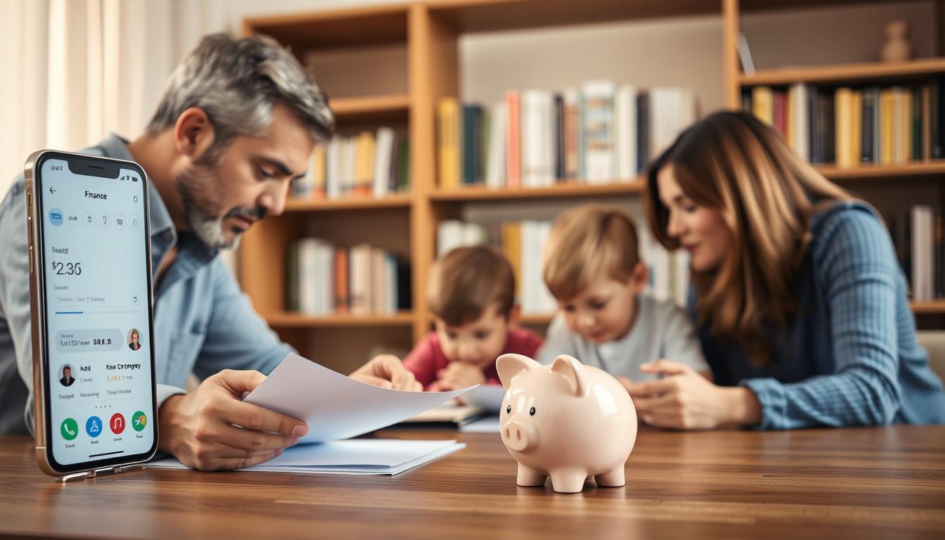A tranquil scene of a family gathered around a table, discussing their financial decisions. In the foreground, a couple pores over documents, their expressions thoughtful. Behind them, a young child plays with a piggy bank, symbolizing the importance of financial literacy from an early age. The middle ground showcases a smartphone displaying a budgeting app, reflecting the integration of technology in modern financial management. In the background, a bookshelf filled with finance-related books sets the stage for an atmosphere of knowledge and responsibility. Soft, warm lighting illuminates the scene, conveying a sense of comfort and security. The composition emphasizes the interconnectedness of personal finance, family dynamics, and the evolving digital landscape.