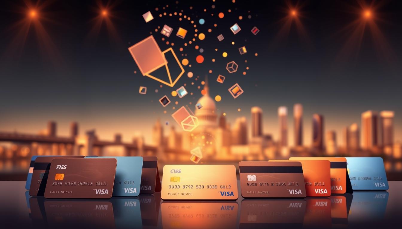 A visually striking and meticulously designed illustration of a modern rewards program. In the foreground, an array of sleek and minimalist credit cards in various metallic tones, reflecting a sense of luxury and exclusivity. In the middle ground, a cascading flow of floating geometric shapes and abstract patterns, representing the diverse rewards and benefits offered by the program. The background features a softly blurred city skyline, conveying a sense of urban sophistication. The overall mood is one of elegance, sophistication, and the promise of elevated everyday experiences through a tailored rewards ecosystem. Lighting is warm and dramatic, with strategic highlights emphasizing the premium materials and design. The composition is balanced and visually compelling, drawing the viewer's attention to the core essence of the rewards program.