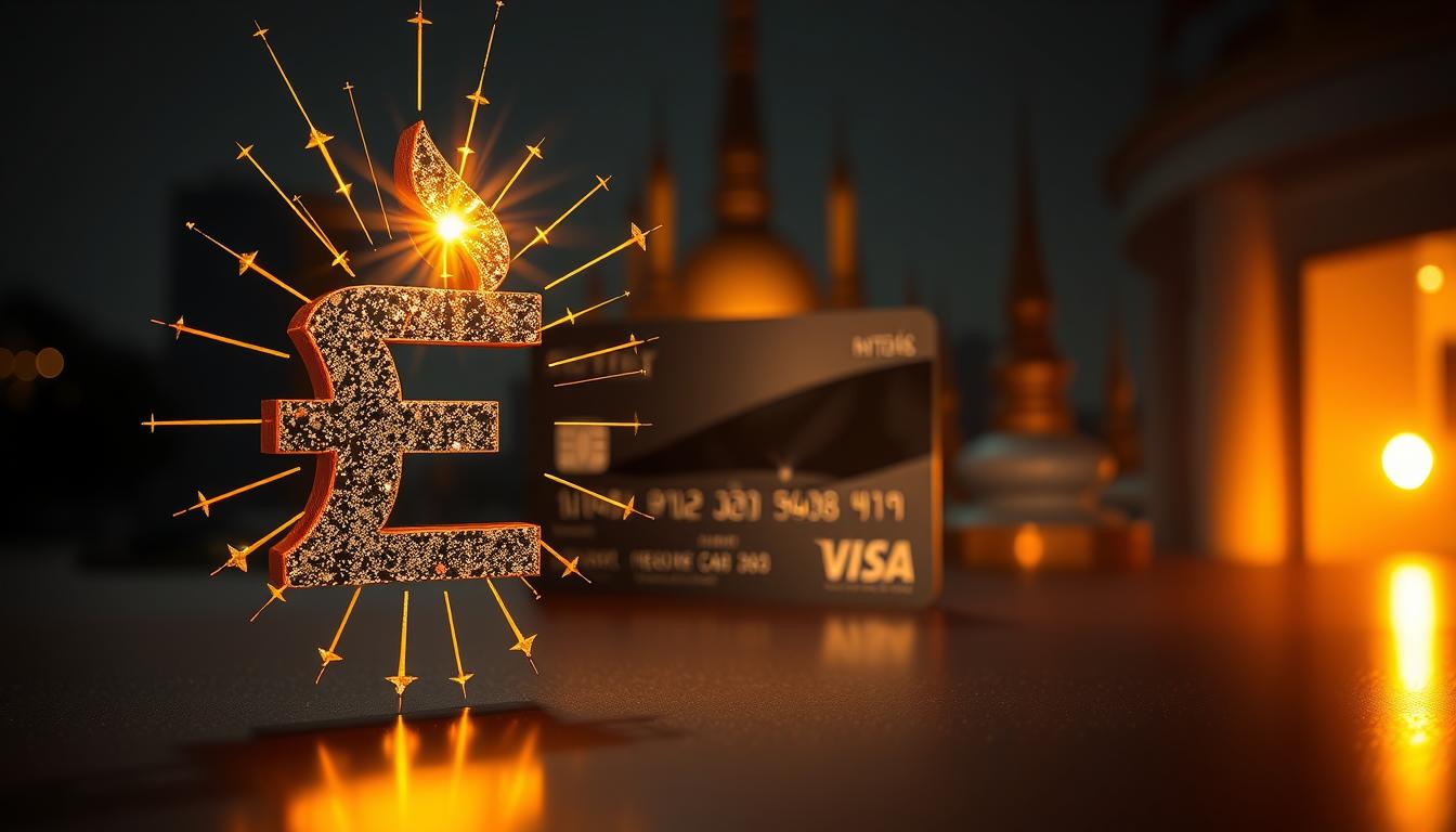 A stunning illustration of "สะสมคะแนนสองเท่าทุกการใช้สกุลเงินบาท﻿". In the foreground, a vibrant Thai baht symbol shimmers, surrounded by a cascade of golden points that radiate outwards, doubling in intensity. The middle ground features a sophisticated credit card design, its sleek surfaces reflecting the warm lighting. In the background, a soft blur of Thai architectural elements sets the scene, evoking a sense of modern, urban sophistication. Illuminated by a dramatic chiaroscuro lighting, the composition conveys a sense of prestige, exclusivity, and the power of financial rewards.