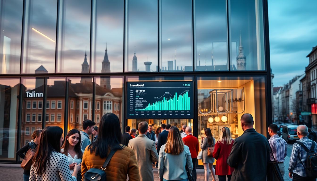 A modern peer-to-peer financial platform situated in the heart of Tallinn, Estonia. The sleek, glass-paneled facade reflects the city's skyline, conveying a sense of technological innovation and financial sophistication. In the foreground, a diverse group of individuals are engaged in animated discussions, representing the vibrant community of borrowers and lenders. The mid-ground features a central display showcasing real-time data and investment opportunities, while the background depicts the bustling streets of the Estonian capital, underscoring the platform's integration with the local economy. The lighting is warm and inviting, creating an atmosphere of trust and collaboration essential for alternative financing solutions.