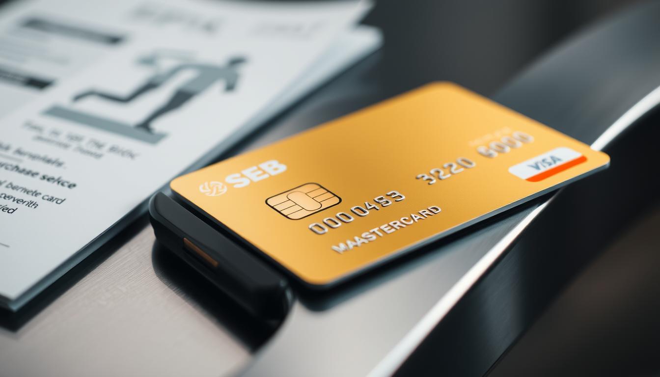 A pristine SEB Mastercard Gold resting on a sleek metal surface, its golden emblem gleaming under soft, directional lighting. The card is flanked by subtle financial documents and a stylized illustration depicting a person embarking on a journey, symbolizing the card's travel and purchase protection benefits. The scene is captured with a shallow depth of field, creating a sense of focus and elegance. The overall mood is one of sophistication and confidence, inviting the viewer to consider the advantages of the SEB Mastercard Gold.