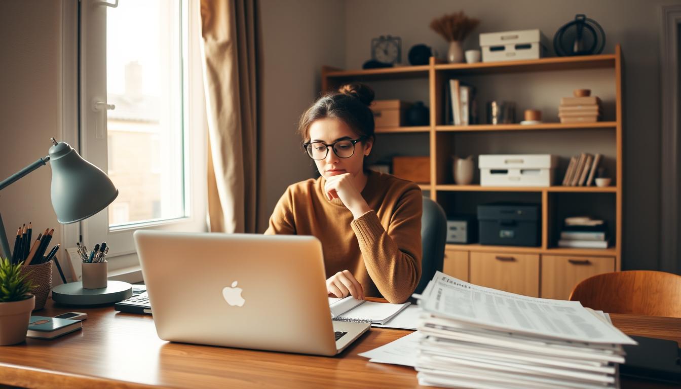 A cozy, well-organized home office with a desk, laptop, and a neat stack of papers representing everyday household expenses. A thoughtful-looking person sits at the desk, carefully reviewing budgets and expenses. Warm, natural lighting filters in through a window, casting a serene ambiance. In the background, simple, minimalist shelves display organizational tools and personal items, conveying a sense of mindful living. The overall scene suggests a methodical, practical approach to managing daily costs and finding ways to trim unnecessary spending.