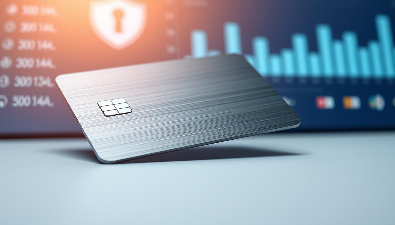 A sleek, modern-looking credit card with a clean and minimalist design. The card has a silver or metallic finish, reflecting a sense of sophistication and security. The surface of the card is smooth and seamless, with subtle textures or patterns that add visual interest. The card is positioned in the foreground, slightly angled and well-lit, showcasing its design elements. In the background, there is a soft, blurred image of a secure banking interface or online account dashboard, reinforcing the idea of financial safety and control. The overall mood is one of confidence, reliability, and a commitment to protecting the user's financial well-being.