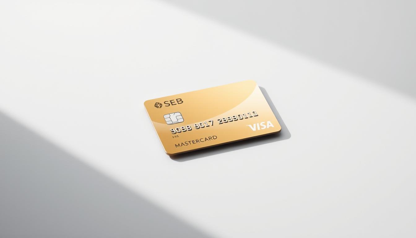 A sleek, modern credit card with a glossy metallic finish rests on a smooth, minimalist surface. The card casts a subtle shadow, creating a sense of depth and dimensionality. Soft, directional lighting illuminates the card, highlighting its elegant design and premium feel. The background is a simple, neutral color, allowing the card to take center stage and convey a sense of sophistication and personal refinement. The overall composition exudes a sense of luxury, reliability, and a tailored, bespoke experience, reflecting the high-end benefits of the SEB Mastercard Gold.
