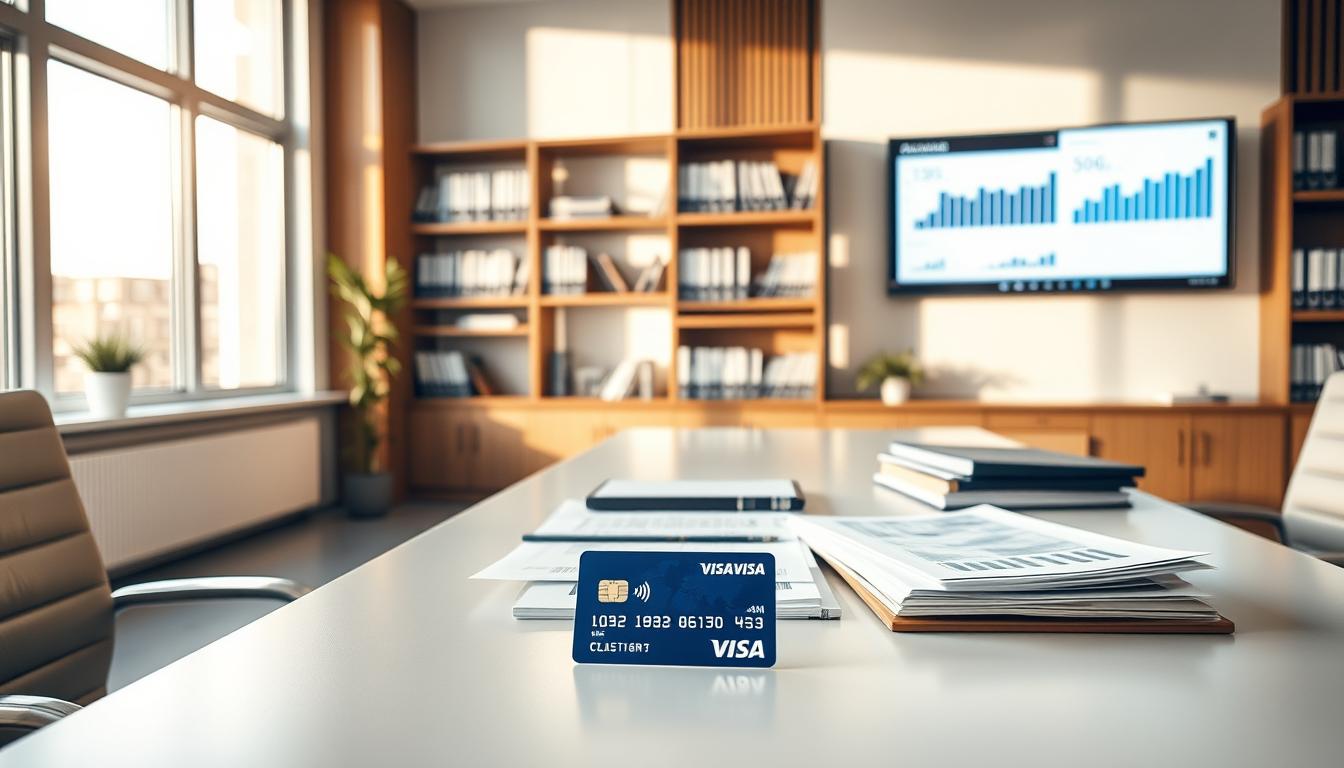 A meticulously designed office interior with warm, natural lighting filtering through large windows. On a sleek, minimalist desk, a Visa Classic card and various financial documents are neatly arranged, conveying a sense of organized financial management. In the background, shelves filled with accounting books and a wall-mounted display showing financial analytics create an atmosphere of professionalism and control. The overall scene exudes a calming, confident mood, reflecting the careful oversight and prudent decision-making associated with responsible personal finance practices.