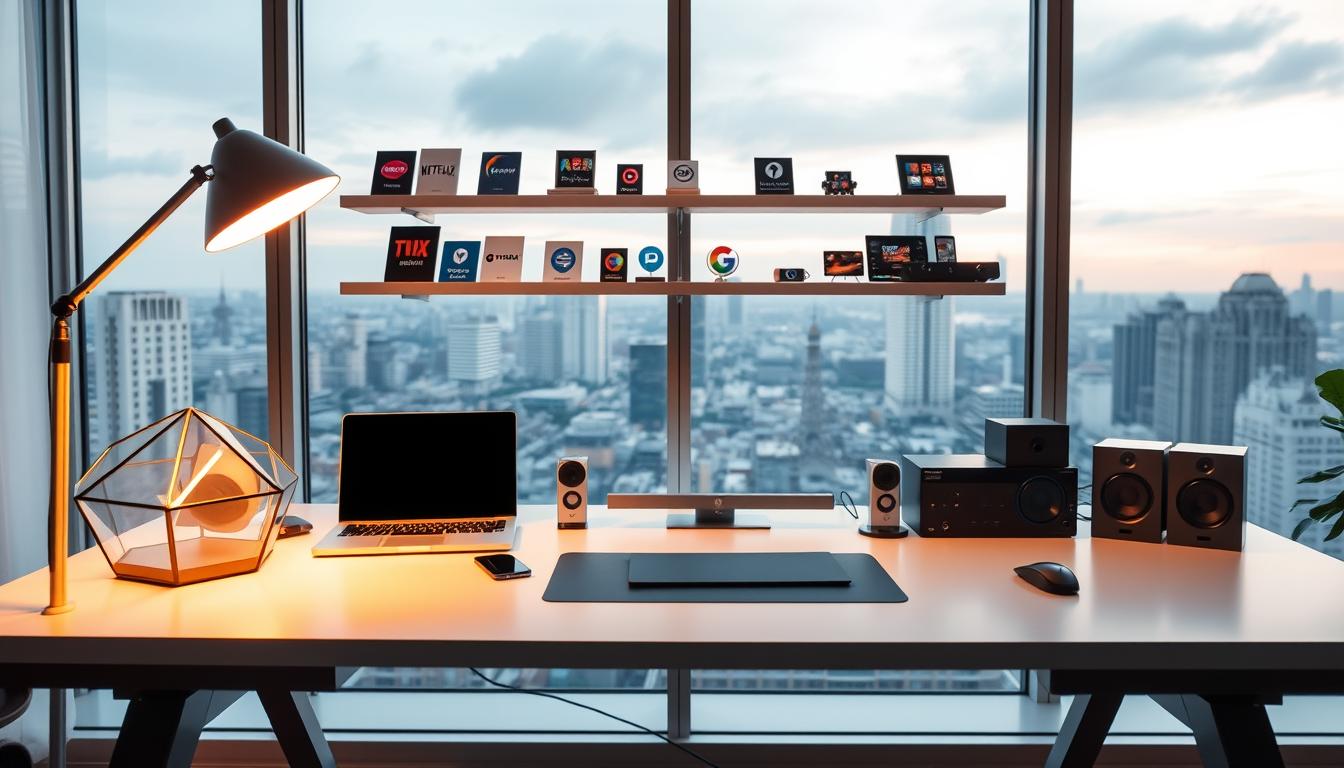 A modern, stylish home office with a clean, minimalist desk featuring an array of digital devices and accessories - a laptop, tablet, smartphone, wireless mouse, and sleek audio equipment. The desk is illuminated by a warm, ambient light from a geometric floor lamp in the foreground. In the middle ground, floating shelves display various digital subscriptions and service icons, representing the "digital subscriptions" concept. The background features a large window overlooking a vibrant, urban cityscape, symbolizing the convenience and connectivity of modern digital living.