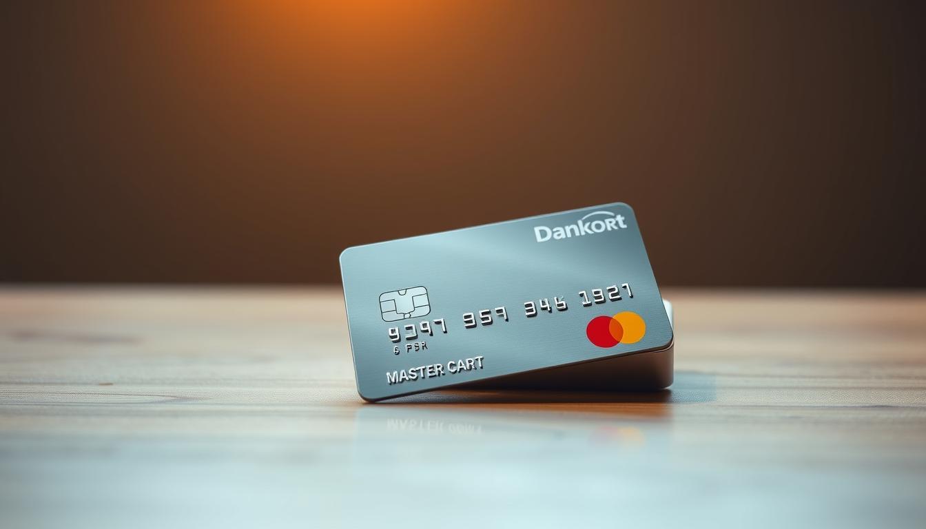 A sleek, silver Mastercard Dankort card resting on a polished wooden surface, reflecting the warm lighting above. The card's metallic sheen exudes a sense of sophistication and security. In the background, a soft blur of muted colors creates a minimalist, elegant ambiance. The composition emphasizes the Dankort's robust construction, high-quality materials, and reliable functionality, conveying a sense of trust and protection for the user.