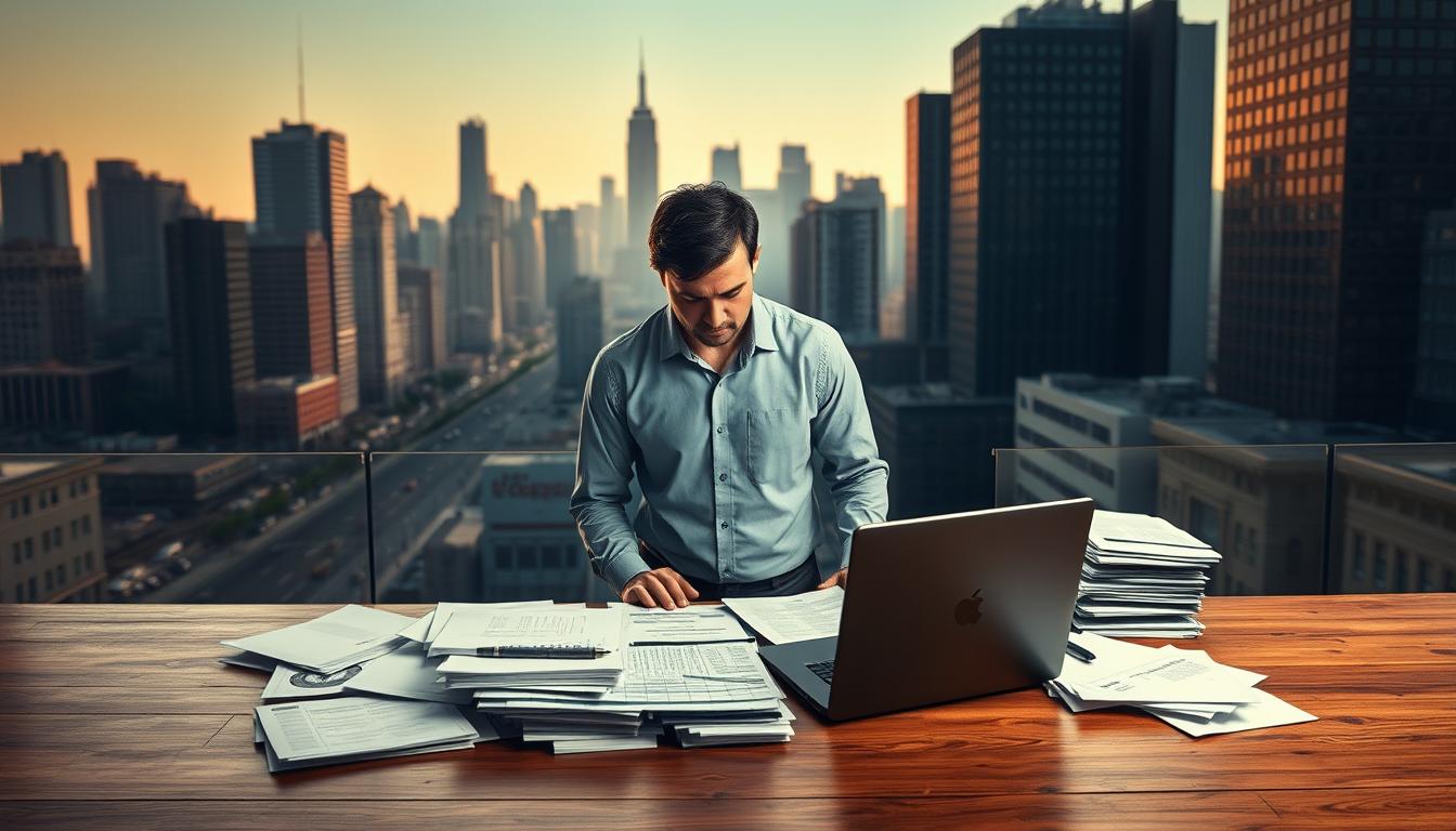 A sprawling cityscape with towering skyscrapers dominates the background, casting long shadows across a bustling city street. In the foreground, a desk sits atop a wooden floor, cluttered with various documents, ledgers, and a laptop computer - symbolizing the arduous task of debt management. In the middle ground, a pensive individual stands before the desk, a concerned expression on their face as they pore over the financial records, seeking a path to debt consolidation and financial stability. Warm, diffused lighting illuminates the scene, creating a sense of contemplation and focus. The overall atmosphere conveys the gravity and complexity of personal debt management, but also a glimmer of hope for a brighter financial future.