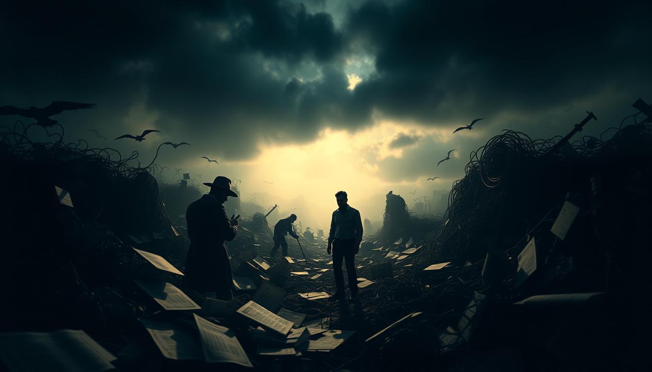 A treacherous financial landscape, with shadowy figures and hidden traps. In the foreground, a maze of complex paperwork and tangled financial instruments, casting ominous shadows. In the middle ground, a bewildered individual navigating this treacherous terrain, unsure of the way forward. In the background, a hazy, uncertain future, with ominous clouds and a sense of unease. The lighting is dramatic, with deep shadows and harsh highlights, creating a sense of tension and unease. The lens is slightly distorted, adding to the disorienting nature of the scene. The overall mood is one of trepidation and uncertainty, reflecting the challenges expats may face in the realm of personal finance.
