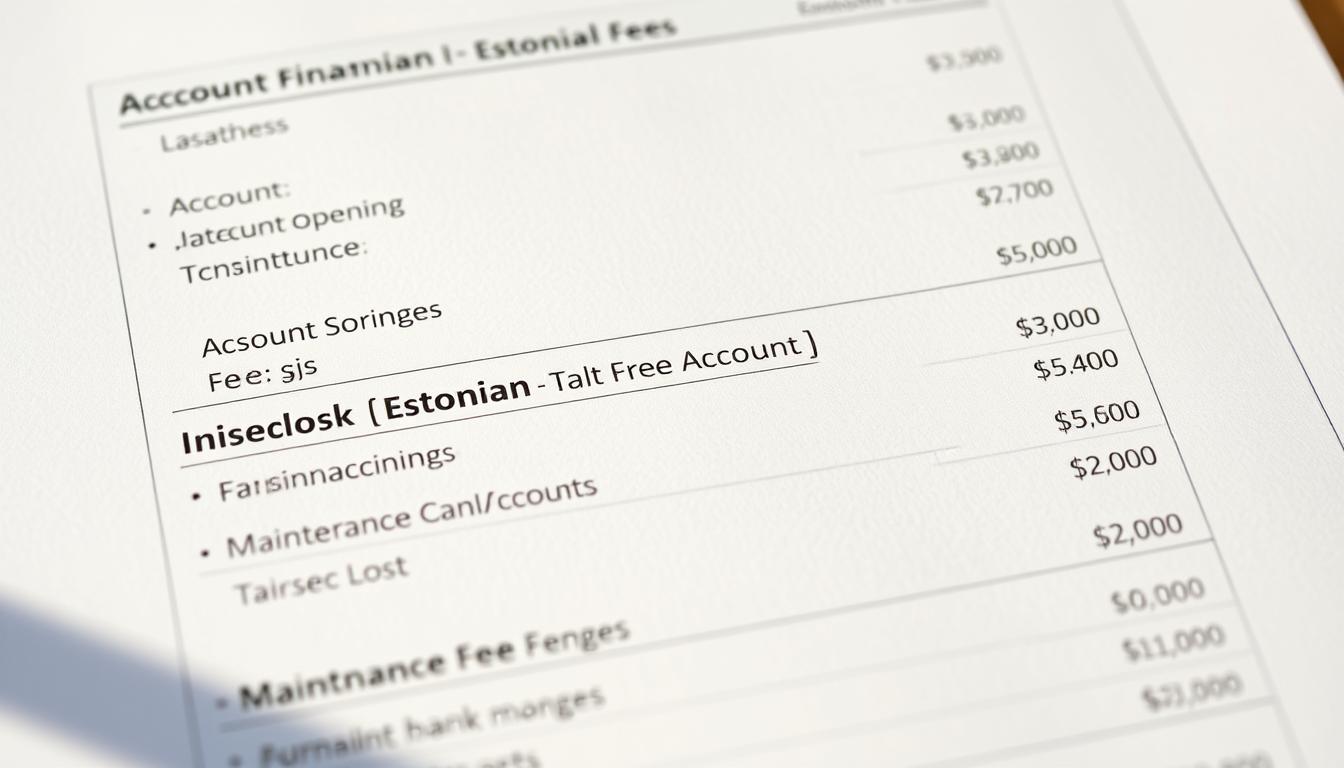 A close-up view of various Estonian banking fees and charges, including account opening fees, maintenance fees, and transaction costs, displayed on an organized spreadsheet or document. The background is a soft, neutral tone, allowing the financial details to be the focal point. Warm, natural lighting illuminates the scene, creating a sense of transparency and clarity. The composition is balanced, with the key information positioned prominently and legibly. The overall mood is one of financial awareness and attention to detail, conveying the importance of understanding the costs associated with opening and maintaining a bank account in Estonia.