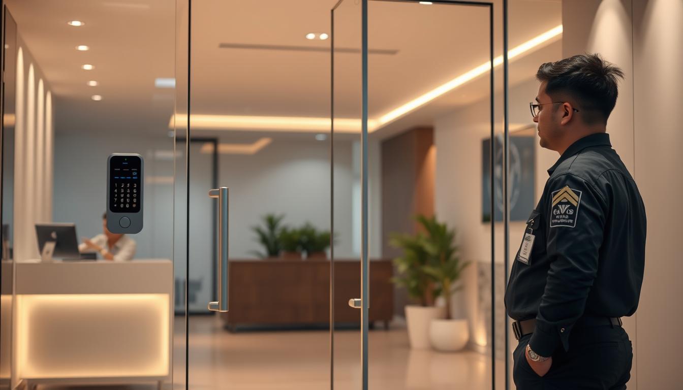 A modern office entrance with an access control system. Sleek glass doors with a security keypad and card reader mounted on the wall. Subtle ambient lighting casts a warm glow, illuminating the clean, minimalist design. In the foreground, a security guard stands vigilant, monitoring the flow of employees and visitors entering the premises. The background features a minimalist reception desk and potted plants, creating a professional, streamlined atmosphere. The entire scene conveys a sense of security and controlled access, fitting the subject of the article's section on reviewing security protocols.