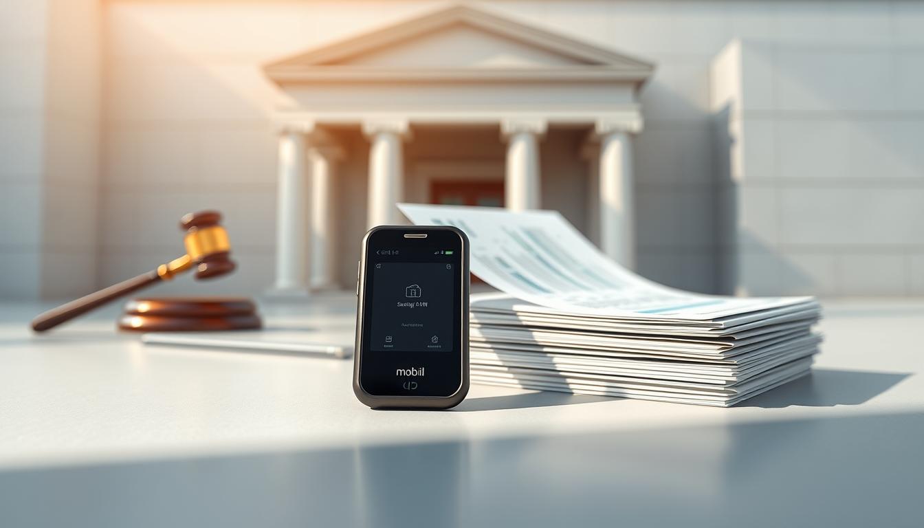 A digital security ID device, Mobiil-ID, prominently displayed against a backdrop of financial documents and architectural elements. The device is rendered in high detail, showcasing its sleek, modern design and intuitive interface. The foreground is well-lit, casting subtle shadows to convey depth and dimensionality. The middle ground features a stack of carefully organized financial paperwork, representing the legal and regulatory framework surrounding Mobiil-ID usage. In the background, clean lines and geometric shapes of a contemporary office building or banking institution set the scene, reflecting the professional, secure context of Mobiil-ID applications. The overall mood is one of technological innovation, data protection, and financial accountability.
