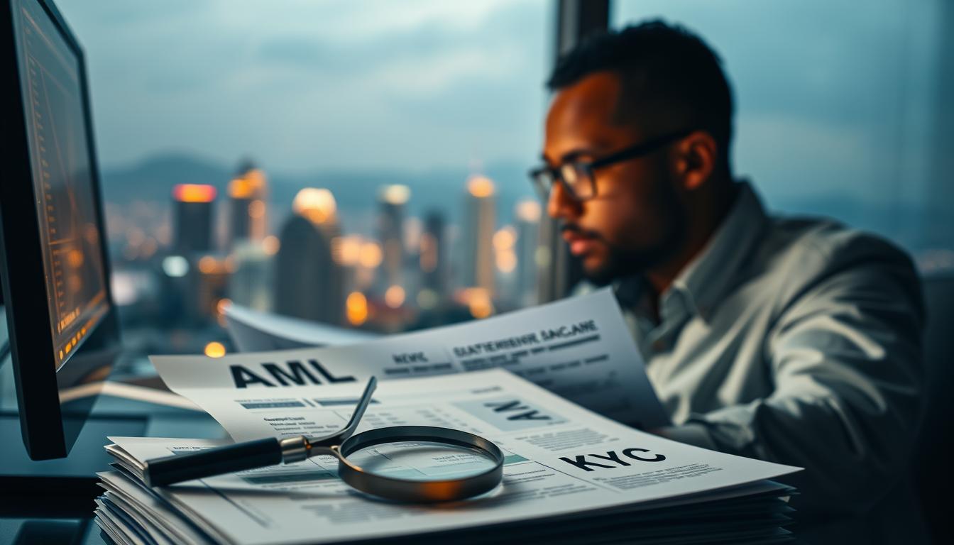 A dimly lit office interior, the warm glow of a computer screen illuminating the face of a financial analyst reviewing financial documents and bank statements. In the foreground, a magnifying glass and a stack of papers with the words "AML" and "KYC" prominently displayed, emphasizing the meticulous attention to compliance and anti-money laundering regulations in the South African forex trading industry. The background showcases the skyline of a bustling South African city, a symbol of the dynamic economic landscape the analyst navigates. The scene conveys a sense of diligence, responsibility, and the importance of adhering to strict regulatory frameworks in the financial sector.