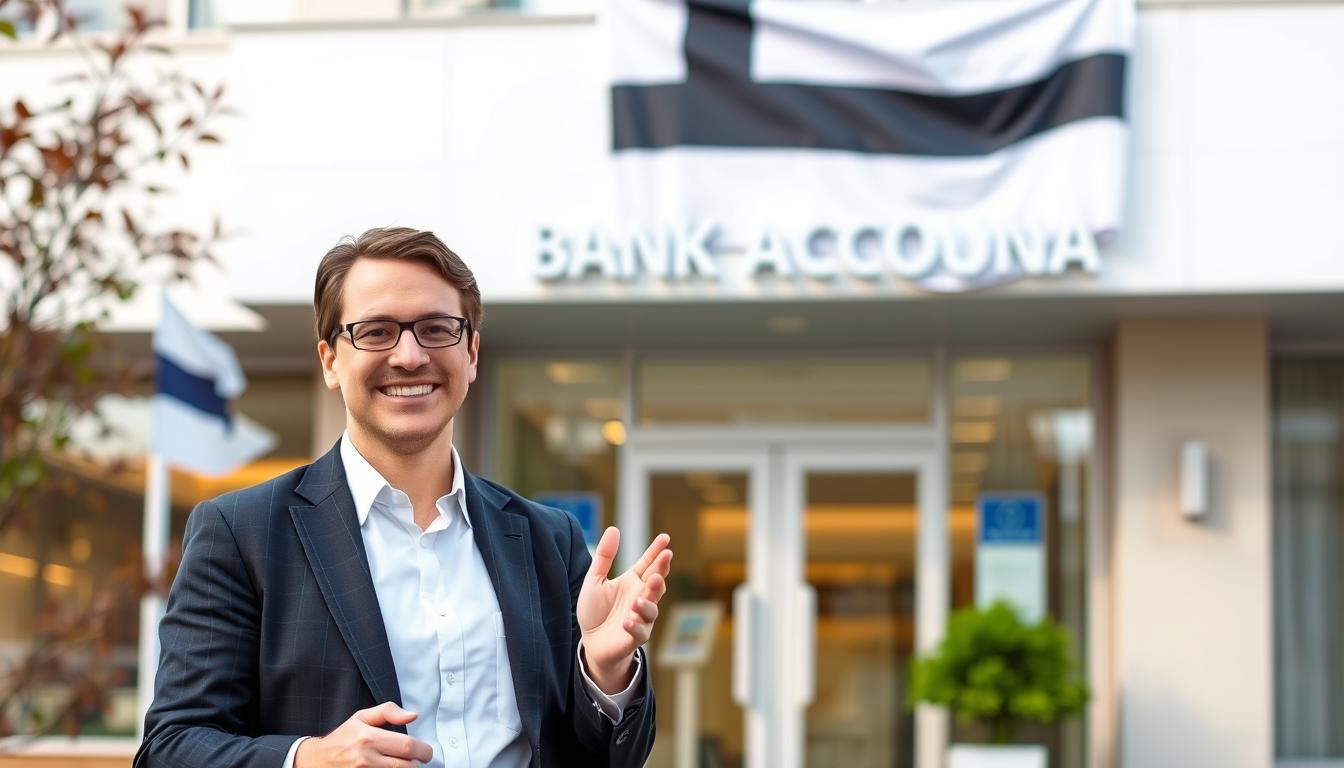 A person standing in front of a bank, dressed in professional attire, with a warm, friendly expression on their face. The bank building is in the background, with a clean, modern aesthetic and the Estonian flag prominently displayed. The lighting is soft and natural, creating a welcoming atmosphere. The person is gesturing towards the bank, inviting the viewer to come inside and open a bank account. The overall scene conveys a sense of ease and accessibility, emphasizing that opening a bank account in Estonia is a straightforward process.