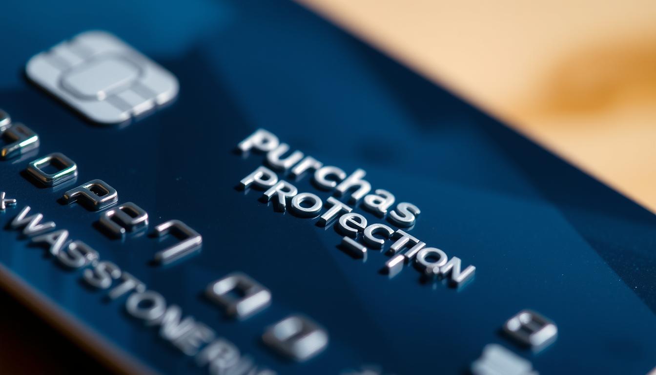 A high-quality, detailed image of a credit card with a shimmering "Purchase Protection" badge prominently displayed on the front. The card is captured in a close-up, well-lit shot with a shallow depth of field, creating a sense of depth and focus on the key feature. The background is slightly blurred, allowing the card to stand out. The lighting is soft and flattering, casting subtle shadows that add dimension and realism to the image. The overall mood is one of trust, security, and the value-added benefits of the credit card beyond just cashback rewards.
