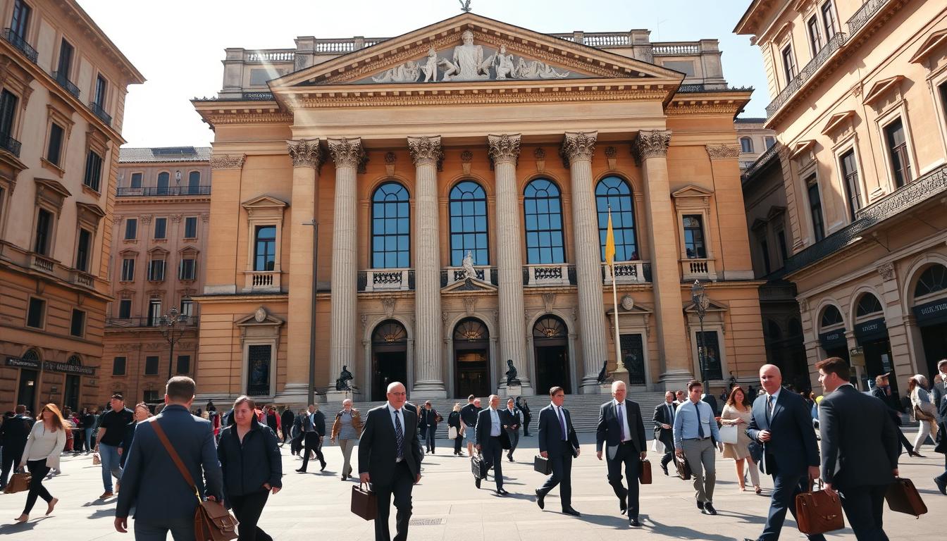 A large, imposing government building with a neoclassical facade, situated in a bustling Italian city center. The structure is made of warm-toned stone, with grand columns and ornate architectural details. Sunlight streams in through tall windows, casting dramatic shadows and highlights across the facade. In the foreground, well-dressed citizens move about, some carrying briefcases, conveying a sense of administrative activity. The surrounding streets are lined with historic buildings, creating a sense of civic importance. The overall atmosphere is one of institutional authority and civic pride, befitting the subject of local taxation.
