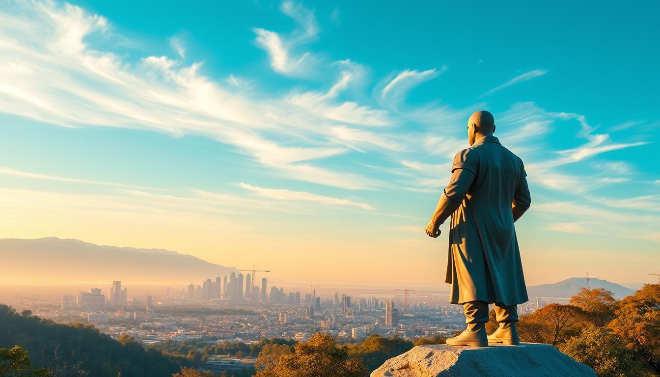 A serene, well-balanced financial landscape with an air of stability and harmony. In the foreground, a robust figure representing the Fiscal Council, standing tall and resolute, guiding the economic forces. The middle ground showcases a panoramic view of a thriving, prosperous city, its buildings and infrastructure reflecting a sense of stability and growth. The background features a calming, azure sky with wispy clouds, conveying a tranquil, reassuring atmosphere. The lighting is warm and golden, illuminating the scene with a sense of confidence and optimism. The overall composition suggests the Fiscal Council's pivotal role in stabilizing the economy, creating a balanced and prosperous environment.