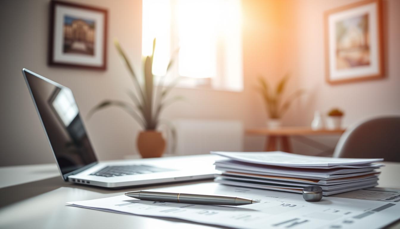 A minimalist office scene featuring a laptop, a pen, and financial documents on a desk. Warm natural lighting streams in through a window, casting a soft glow across the workspace. The foreground showcases the laptop and documents, hinting at the process of tax planning and investment timing. The middle ground includes a potted plant and a framed artwork on the wall, adding a touch of personality to the professional setting. The background blurs into a neutral, clean-lined interior, allowing the focus to remain on the key elements of the financial task at hand. An atmosphere of thoughtful deliberation and strategic decision-making permeates the scene.