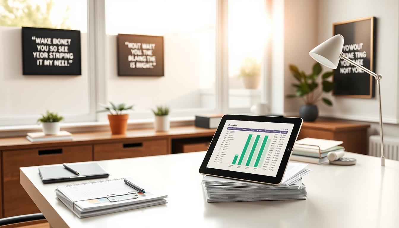 A serene and orderly home office, with a clean desk, a stack of neatly organized financial documents, and a digital tablet displaying a balanced budget. The walls are adorned with framed motivational quotes about financial discipline. Soft, natural lighting filters in through large windows, casting a warm glow over the scene. A potted plant and a sleek, minimalist desk lamp add touches of greenery and modernity. The overall atmosphere conveys a sense of control, focus, and a commitment to sound financial management.