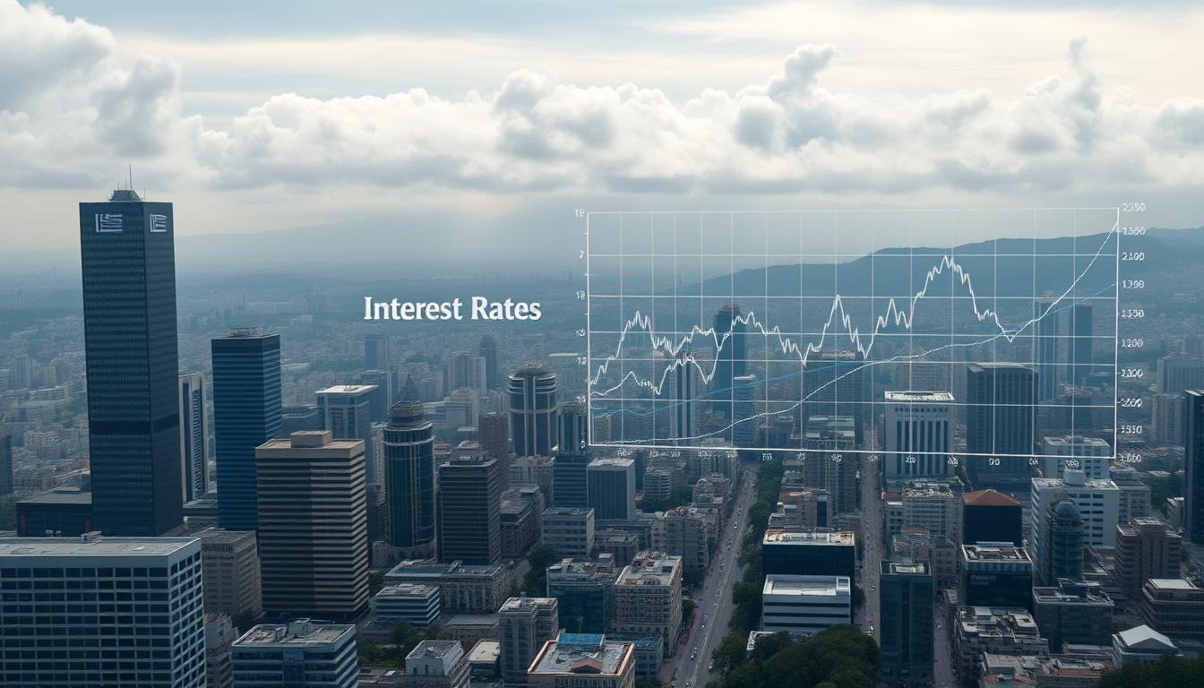 A sweeping panoramic view of the Greek economy, with towering skyscrapers and bustling streets in the foreground. In the middle ground, a graph visualizing the impact of interest rates, with lines and charts illuminating the complex interplay between monetary policy and economic indicators. The background is hazy, with clouds of uncertainty and an overcast sky, symbolizing the broader economic climate. The lighting is dramatic, with shadows and highlights emphasizing the gravity of the situation. The overall composition conveys a sense of both progress and concern, reflecting the nuanced effects of interest rates on the Greek economy.