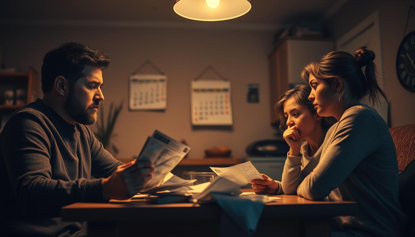 A dimly lit living room with a family gathered around the kitchen table, faces etched with worry. The father holds crumpled bills, while the mother bites her lip, grappling with an unexpected financial crisis. In the background, a wall calendar hangs askew, a stark reminder of the looming deadline. Soft, amber lighting casts shadows, creating an atmosphere of unease and uncertainty. The scene evokes a sense of unpreparedness and the need to plan for such "hitne situacije" that can disrupt a family's delicate financial balance.