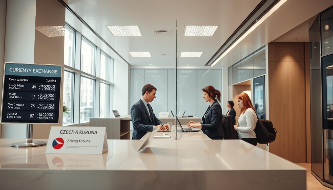 A well-lit interior of a modern currency exchange office in the heart of Prague, Czech Republic. The foreground features a polished counter with signage displaying the exchange rates for various currencies, including the Czech koruna. In the middle ground, professional staff assist customers in seamless currency exchanges, their expressions conveying expertise and efficiency. The background showcases the office's sleek, minimalist design, with large windows allowing natural light to flood the space, creating a sense of openness and transparency. The overall atmosphere exudes a combination of convenience, reliability, and economic prosperity, reflecting the secure and cost-effective currency exchange options available in the Czech Republic.