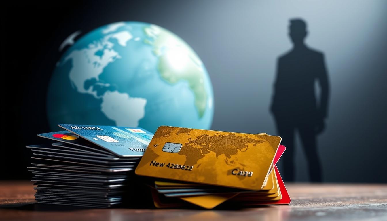 A detailed illustration of common myths surrounding international credit/debit cards. In the foreground, a stack of various credit cards representing different countries and currencies. In the middle ground, a globe with stylized illustrations of travel destinations and currencies. In the background, a shadowy figure representing the "myths" and misconceptions, with faint text overlay suggesting ideas like "high fees", "limited acceptance", "security risks". Lighting is dramatic, with highlights and shadows emphasizing the contrast between the tangible cards and the intangible myths. The overall mood is one of informative clarity, cutting through the confusion to present the facts.