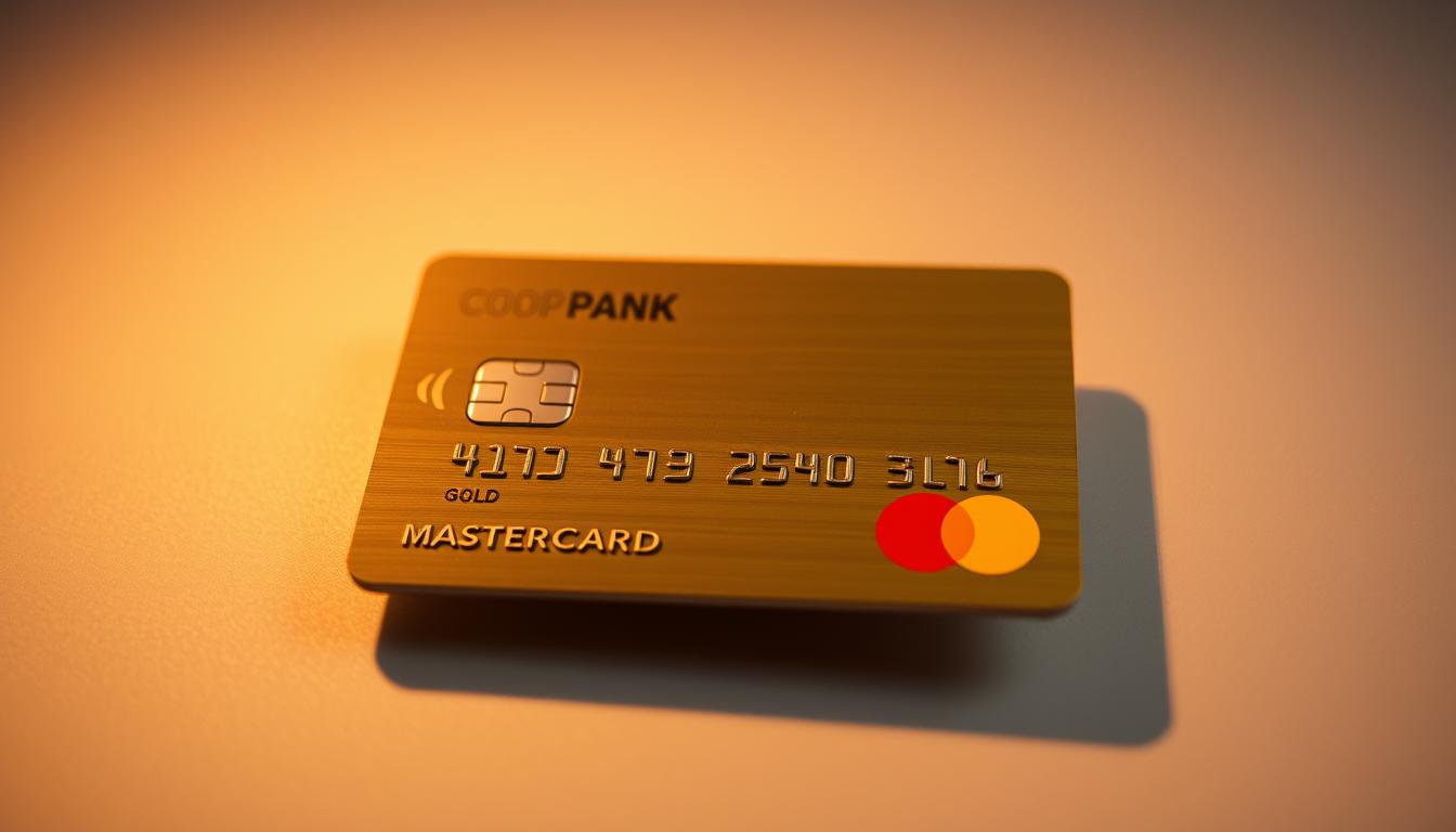 Detailed close-up view of a Coop Pank Mastercard Gold card, capturing its luxurious design and premium features. The card is centered and fills the frame, showcasing its sleek, metallic gold surface with subtly embossed branding. Subtle ambient lighting casts a warm, sophisticated glow, highlighting the card's premium texture and materials. The perspective is slightly angled to create depth and emphasize the card's high-quality construction. The background is a muted, neutral tone that allows the card to take center stage, conveying a sense of exclusivity and prestige.