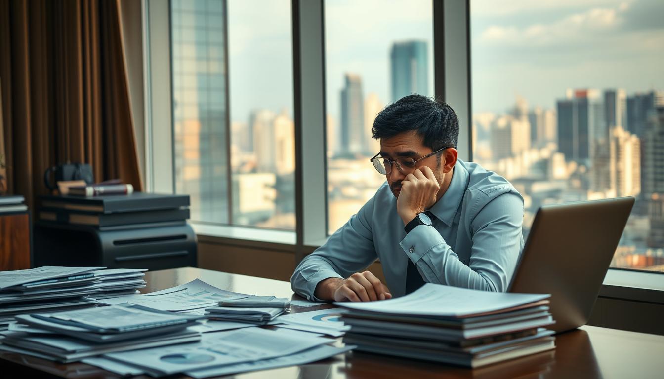 A professional businessperson sitting at a desk, deep in thought, surrounded by stacks of financial documents and a laptop displaying charts and graphs. The lighting is soft and warm, creating an atmosphere of focused concentration. The person's expression conveys a mix of concern and determination as they navigate the complexities of managing non-performing loans. In the background, a cityscape can be seen through the window, hinting at the broader economic context. The overall scene suggests the challenges and strategies involved in addressing the issue of non-performing loans in the Thai banking sector.