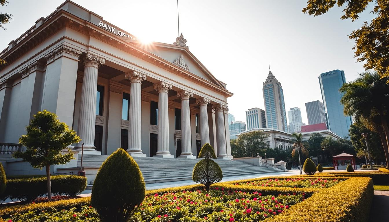 A majestic, neoclassical building with grand columns and ornate architectural details, the Bank of Thailand stands tall, its façade reflecting the strength and stability of the nation's financial system. Sunlight filters through the large windows, casting warm shadows that accentuate the building's symmetry and grandeur. In the foreground, a well-tended garden with neatly trimmed hedges and colorful flowers adds a touch of elegance, while in the background, the bustling city skyline serves as a reminder of the bank's pivotal role in the country's economic landscape. The image conveys a sense of authority, tradition, and the importance of the regulatory body overseeing the financial sector.