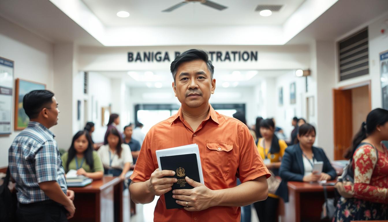An expat standing in a well-lit barangay registration office, filled with orderly queues and attentive officials. The expat holds their passport and documents, their expression a mix of concentration and mild apprehension as they navigate the bureaucratic process. The room is spacious, with bright lighting and clean, professional decor. Hints of the local culture are visible in the artwork and furnishings, creating a welcoming atmosphere. The scene conveys the importance of proper documentation and engagement with local government for those living in the Philippines.