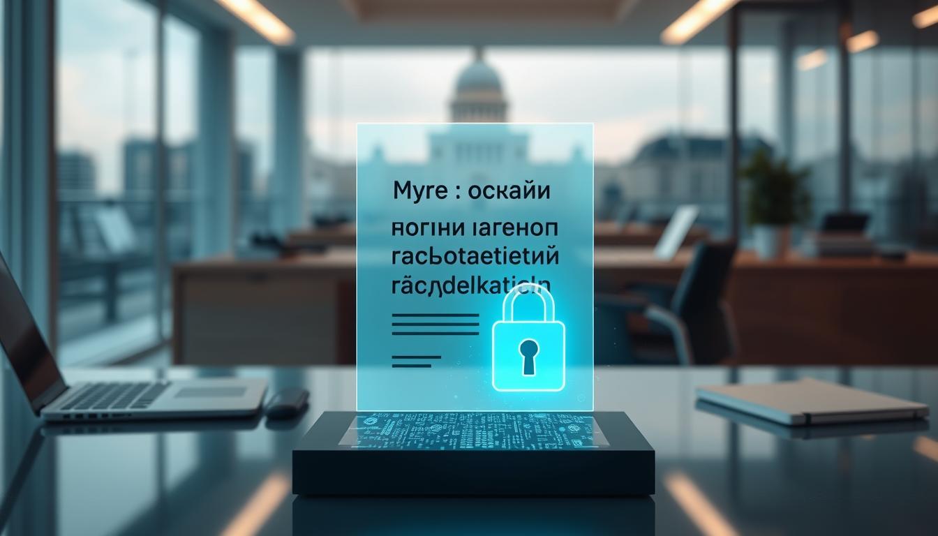 Prompt A sleek, modern composition depicting the concept of personal data protection legislation. In the foreground, a digital document with the Cyrillic text "лични данни защита законодателство" (personal data protection legislation) hovers above an abstract representation of digital banking security, such as a secure lock or encrypted data stream. The middle ground features a serene, minimalist office setting with a laptop, smartphone, and other digital devices, symbolizing the digital banking landscape. The background showcases a professional, authoritative atmosphere with a blurred cityscape or government building in the distance, conveying the idea of a robust legal framework. The overall mood is one of confidence, security, and technological sophistication.