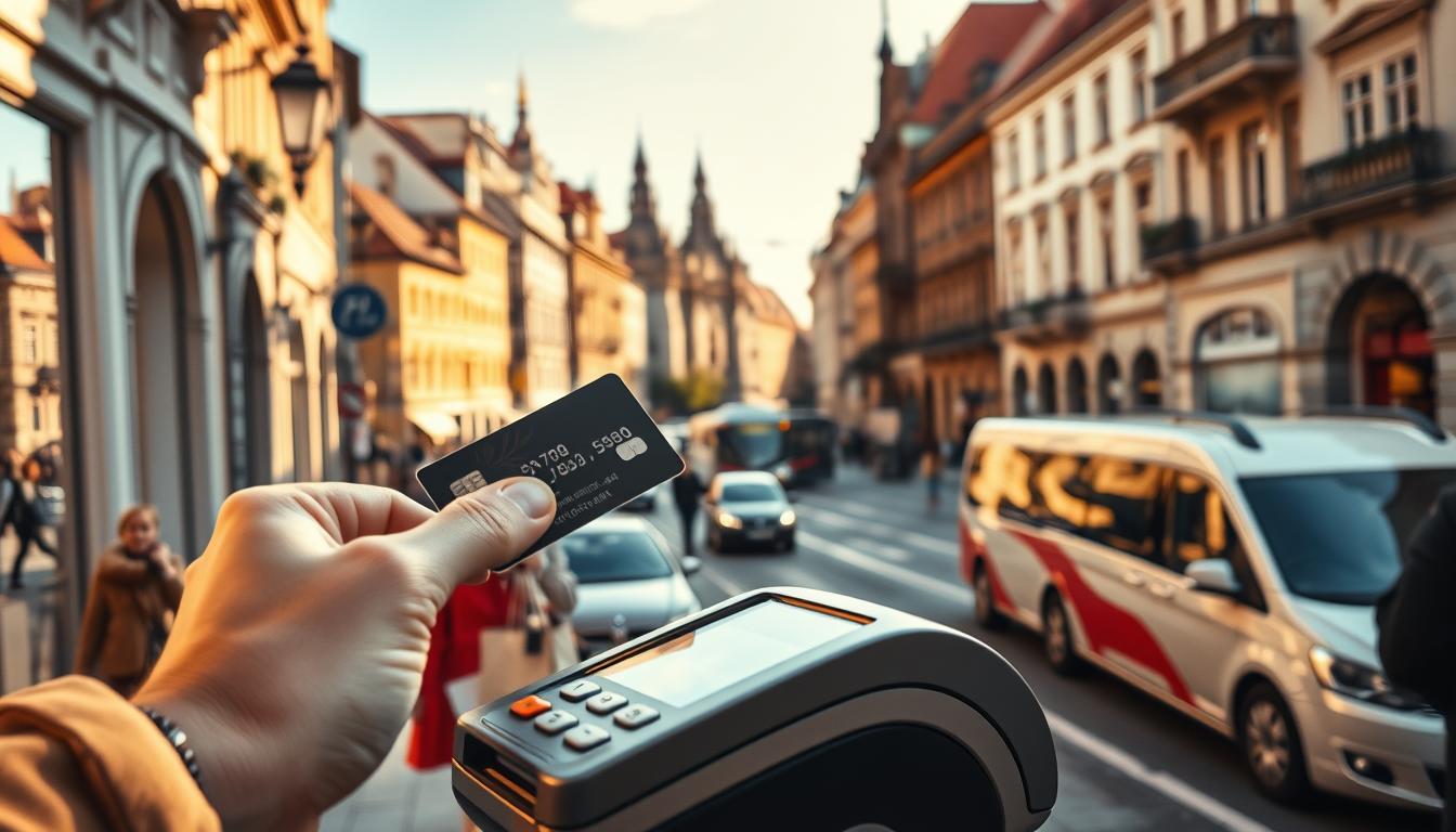 A bustling city street in the heart of Prague, Czech Republic. In the foreground, a person inserts their credit card into a sleek, modern payment terminal at a local shop, with their hand and the terminal in sharp focus. The middle ground features pedestrians casually strolling by, some with shopping bags, as cars and trams pass in the background. The scene is bathed in warm, golden afternoon light, creating a vibrant, lively atmosphere. The architecture features distinctive red-tiled roofs and elegant, historic buildings typical of the city's charming urban landscape. The overall composition conveys the ubiquity and ease of card payments in the Czech Republic.