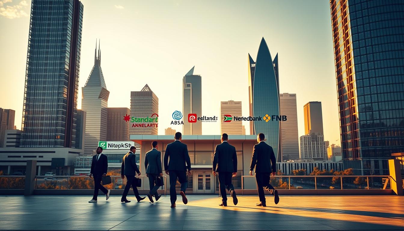 A modern skyline of Johannesburg, South Africa's financial capital, with prominent skyscrapers representing the headquarters of the country's top business banks. In the foreground, clean-cut executives stride purposefully towards the entrance of a sleek, glass-fronted bank building. Warm, golden lighting bathes the scene, conveying a sense of prosperity and professionalism. The middle ground features the logos of leading banks like Standard Bank, Absa, Nedbank, and FNB, while the background showcases the dynamic cityscape, underscoring the banks' central role in the nation's thriving economy.