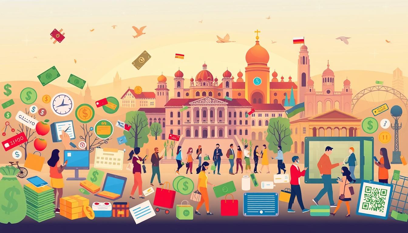 A vibrant digital illustration showcasing an array of payment methods available in Bulgaria. The foreground features various payment icons and symbols, including cash, credit/debit cards, mobile wallets, and QR codes, arranged in a dynamic and visually appealing layout. The middle ground depicts a diverse range of shoppers and merchants engaged in seamless financial transactions, representing the diverse population and economy. The background subtly incorporates Bulgarian architectural elements, such as traditional buildings and landmarks, to establish a sense of national context. The overall composition conveys the idea of a thriving, modern payment ecosystem that caters to the needs of both consumers and businesses in Bulgaria. Warm lighting and a color palette that evokes a sense of progress and prosperity complete the scene.