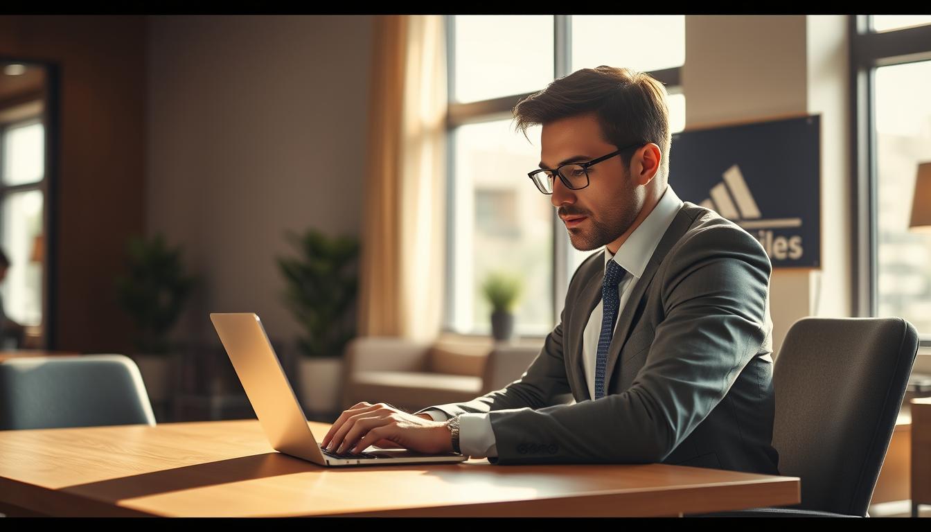 A high-resolution, detailed image of a person sitting at a desk, intently focused on a laptop, surrounded by a warm, professional office environment. The subject is dressed in formal attire, conveying a sense of diligence and dedication. The scene is illuminated by natural light from a large window, casting a soft, inviting glow. The background features stylish furniture, a modern aesthetic, and subtle branding elements suggestive of a financial institution. The overall mood is one of thoughtful deliberation and the pursuit of a premium credit card offering.